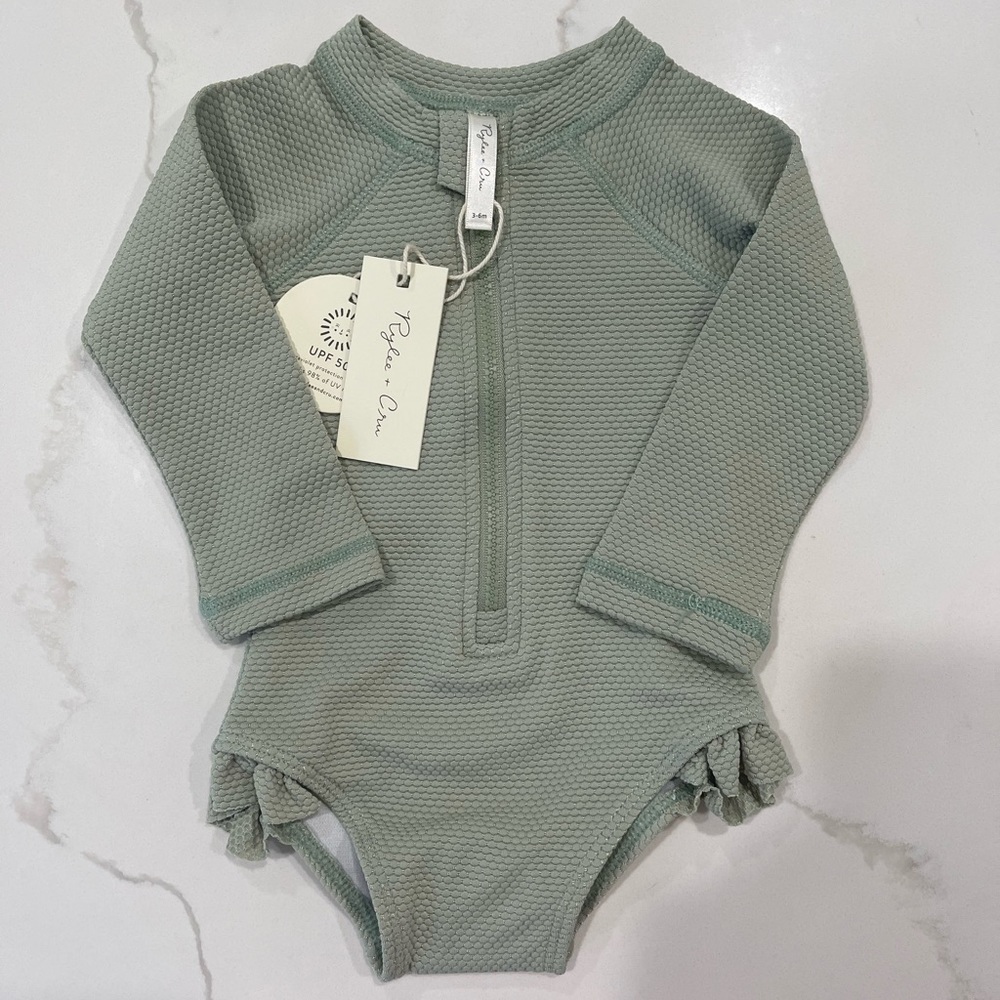 NWT Dusty Green Rylee + Cru One Peice Long Sleeve Rash Guard Swim Suit 3-6m